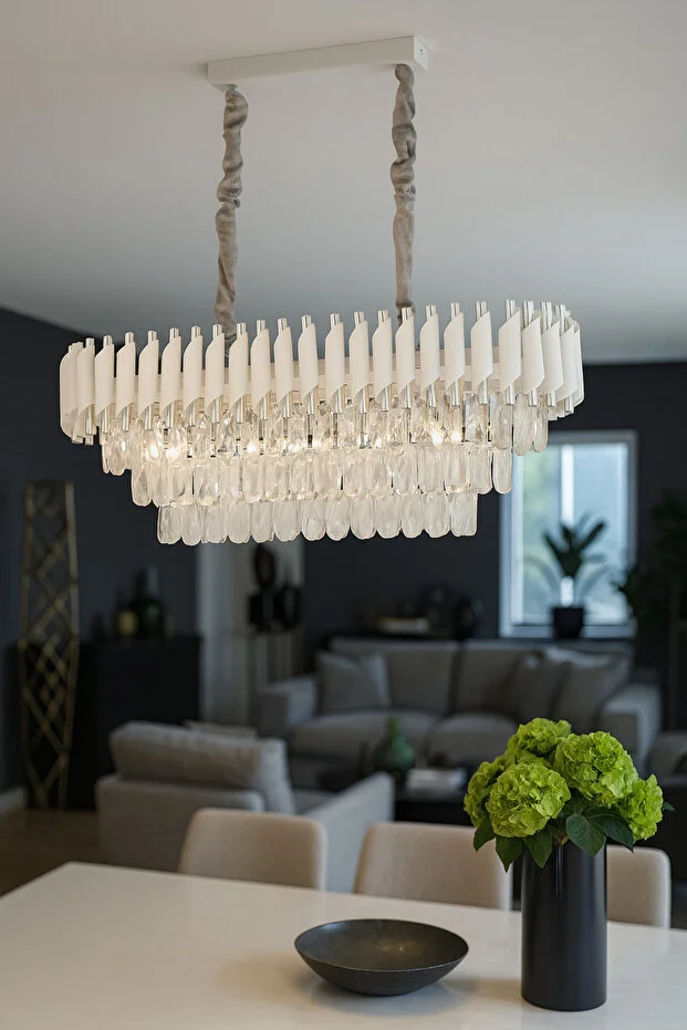 Palmira 75x35 Cm'lik 3 Katlı Prizma Kesim Kristal Taşlı Lüks Avize 6'lı - (Beyaz Gold)